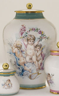 Pottery cremation urns - cherubs design