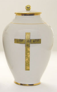 Pottery cremation urns - gold cross design