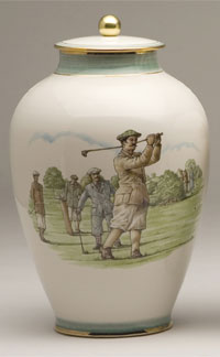 Pottery cremation urns - victorian and modern golfer design