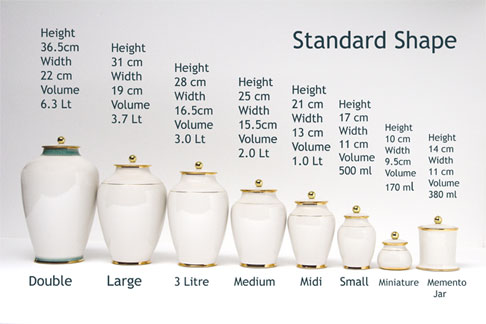 Pottery cremation urns - standard sizes in height and volume