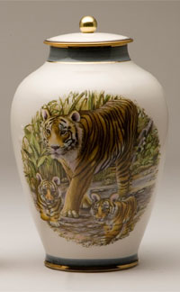 Pottery cremation urns - tiger design