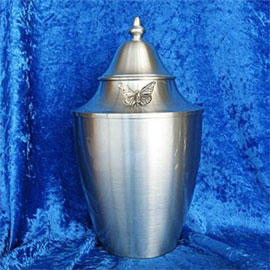 Pewter cremation urns - large pewter urn with pointed lid and pewter butterfly decoration on the neck of the urn.