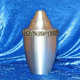 Pewter cremation urns - large pewter urn with a decorative band around the neck of the urn.