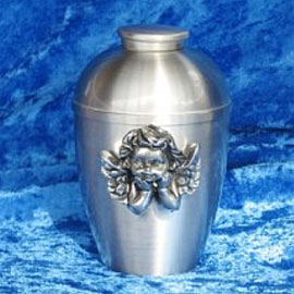 Pewter cremation urns - small rounded urn with pewter cherub shaped ornament on the front